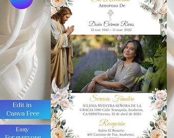 May include: A memorial card with a photo of a woman, floral and dove accents, and text in Spanish. The card includes the text "En Recuerdo Amoroso De Doña Carmen Rivas" and details for a funeral service and reception.