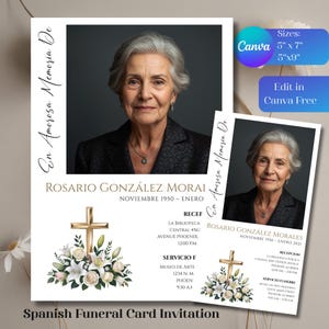 Op de afbeelding: Spaanse rouwkaartuitnodiging met een portret van een oudere vrouw met grijs haar. De kaart bevat Spaanse tekst, een gouden kruis en bloemstukken. Maten: 12,7 cm x 17,8 cm en 12,7 cm x 22,9 cm.