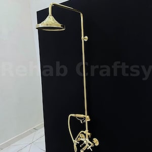 Unlacquered Brass Bath Mixer Shower System Handheld & Shower Head, Solid Brass Outdoor Shower Fixture Set Tub Filler System