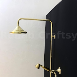 Unlacquered Brass Bath Mixer Shower System Handheld & Shower Head, Solid Brass Outdoor Shower Fixture Tub Filler System Engraved Finish