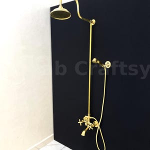 Solid Brass Outdoor Shower Fixture Set Tub Filler System, Unlacquered Brass Bath Mixer Shower System Handheld & Shower Head
