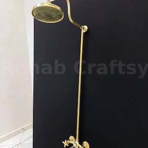 Antique Brass Exposed Pipe Shower System, Vintage Brass Outdoor Shower Head Hot Water Bath tub Filler Shower Combo