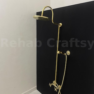 Engraved Brass Oudoor Shower System set, Unlacquered Brass Rainfall Shower Head & Handheld Shower, Antique Brass Shower Faucet