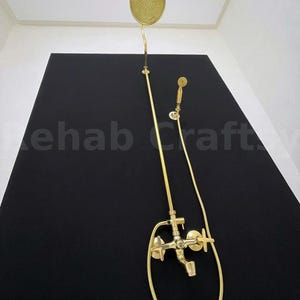 Unlacquered Brass Exposed Pipe Shower System Combo, Vintage Brass Outdoor Shower Head & Handheld Hot Water Bath tub Filler Shower
