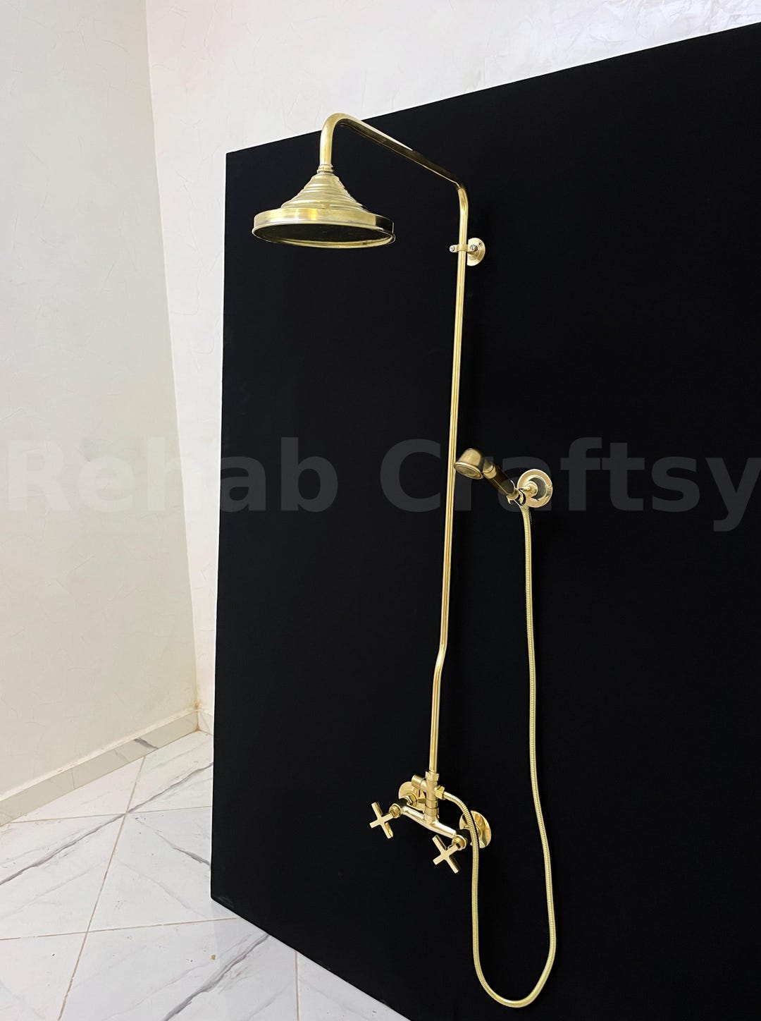 Unlacquered Brass Outdoor Shower System Exposed Pipe Handheld & Round ...