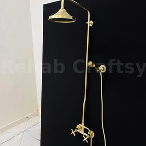 Unlacquered Brass Outdoor Shower System Exposed Pipe Handheld & Round Shower Head