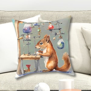 Science Squirrel Pillow, Rube Goldberg Laboratory, Weird and strange Pillow gift for teacher scientist mechanic, Weird Steampunk Art Throws