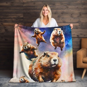 Groundhogs in Space Blanket, Velveteen Plush, Adult and Kids Room throw and covers, Gift for animal lover or pets, Weird and strange bedding