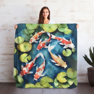 Koi Pond Plush Blanket, Fish Theme Decor for Home and Outdoors, 3 Sizes to choose, Gift for Friends and Pets, Animal Throws and Bedding