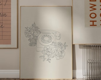 Vintage 1960 GPO 746 Rotary Telephone and Floral Sketch Artwork Print, Feminine Printable, Flash Art Design, Line Drawing Wall Art