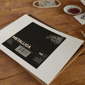 Metallicas 1991 The Black album reproduction print  on giclee paper on top of a modern wooden frame, on a studio desk within an Eclectic styled home