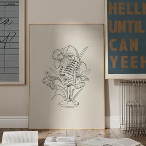 Vintage 1950 Shure 55 Unidyne Microphone and Floral Sketch Artwork Print, Musician Printable, Flash Art Design, Line Drawing Wall Art