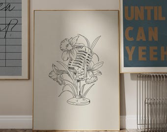 Vintage 1950 Shure 55 Unidyne Microphone and Floral Sketch Artwork Print, Musician Printable, Flash Art Design, Line Drawing Wall Art