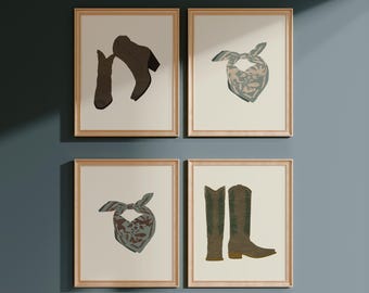 Set med 4 tryck, Cowboy Bandana Collage, Cowboy Boots Collage, Western Mode, Cowboy Core Home Estetik, Vintage Western Inredning