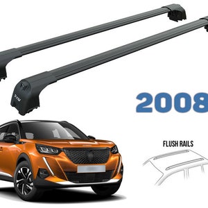 May include: A set of two black roof rails for a 2008 Peugeot 2008 SUV. The rails are flush mounted and are shown on a orange car. The image also includes a line drawing of the car with the roof rails installed.