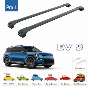 May include: A black roof rack system with two bars, labeled "Pro 1", is shown above a blue Kia EV9 SUV. The roof rack is designed for carrying cargo on top of the vehicle. The image also includes illustrations of different ways to use the roof rack, such as for water sports, bike carrying, cargo boxes, cargo baskets, ski sports, and roof camping.