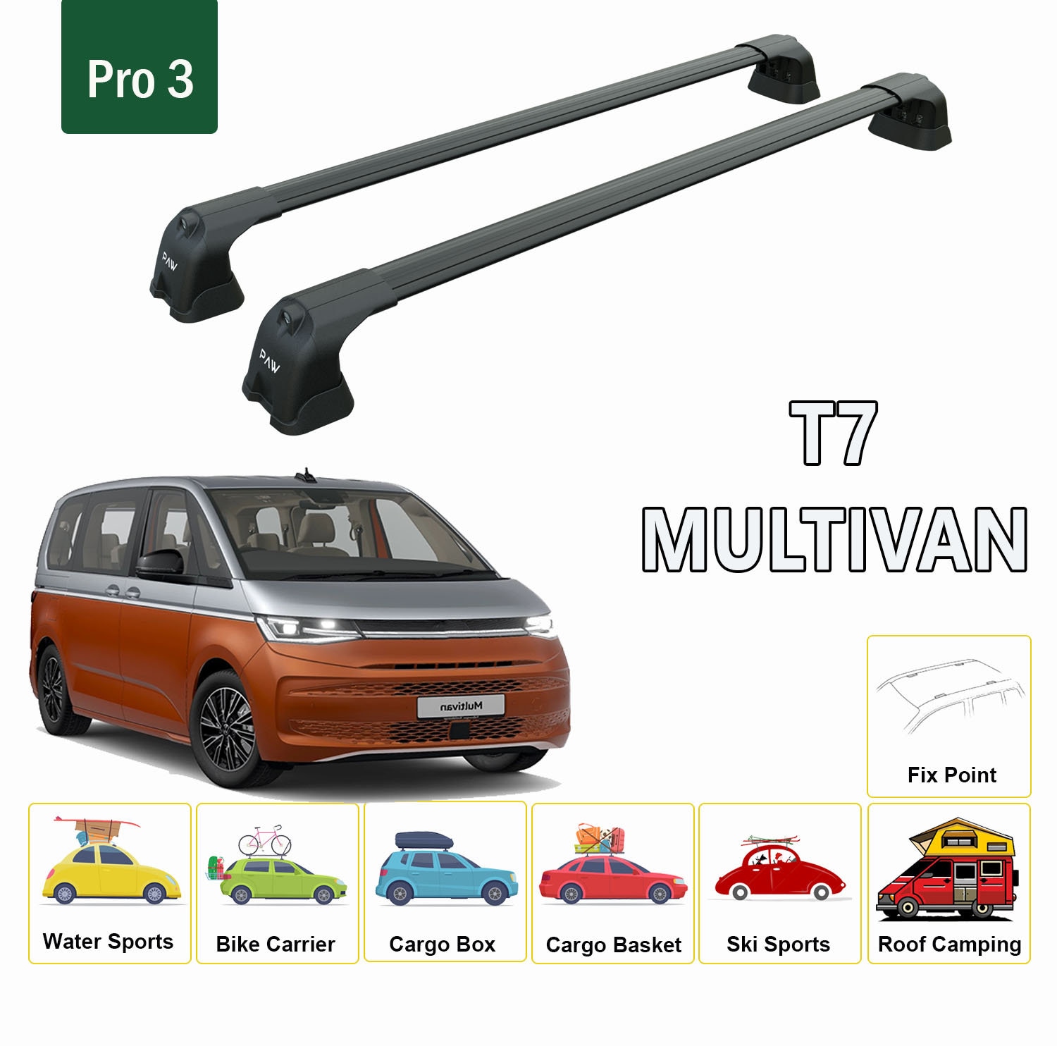 For Volkswagen T7 Multivan Roof Rack System, Aluminium Cross Bar, Metal  Bracket, Fix Point, 2 Qty Black 