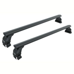 May include: A pair of matte black roof rack crossbars featuring a sleek, aerodynamic design. Each bar is supported by sturdy mounting feet with the brand name PAW printed in white on the side, designed for secure attachment to a vehicle roof.
