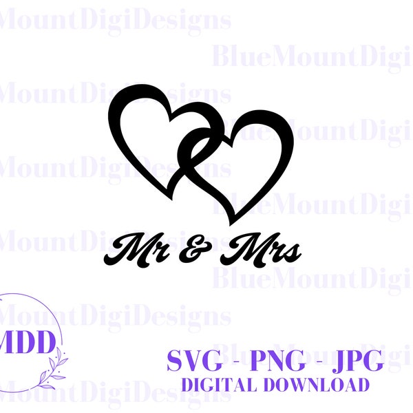 Mr & Mrs Interlocked Hearts SVG, JPG, PNG, Interlocked hearts svg, Wedding svg, Mr and Mrs Svg, Couple svgs, Twin Hearts svg, Double hearts,