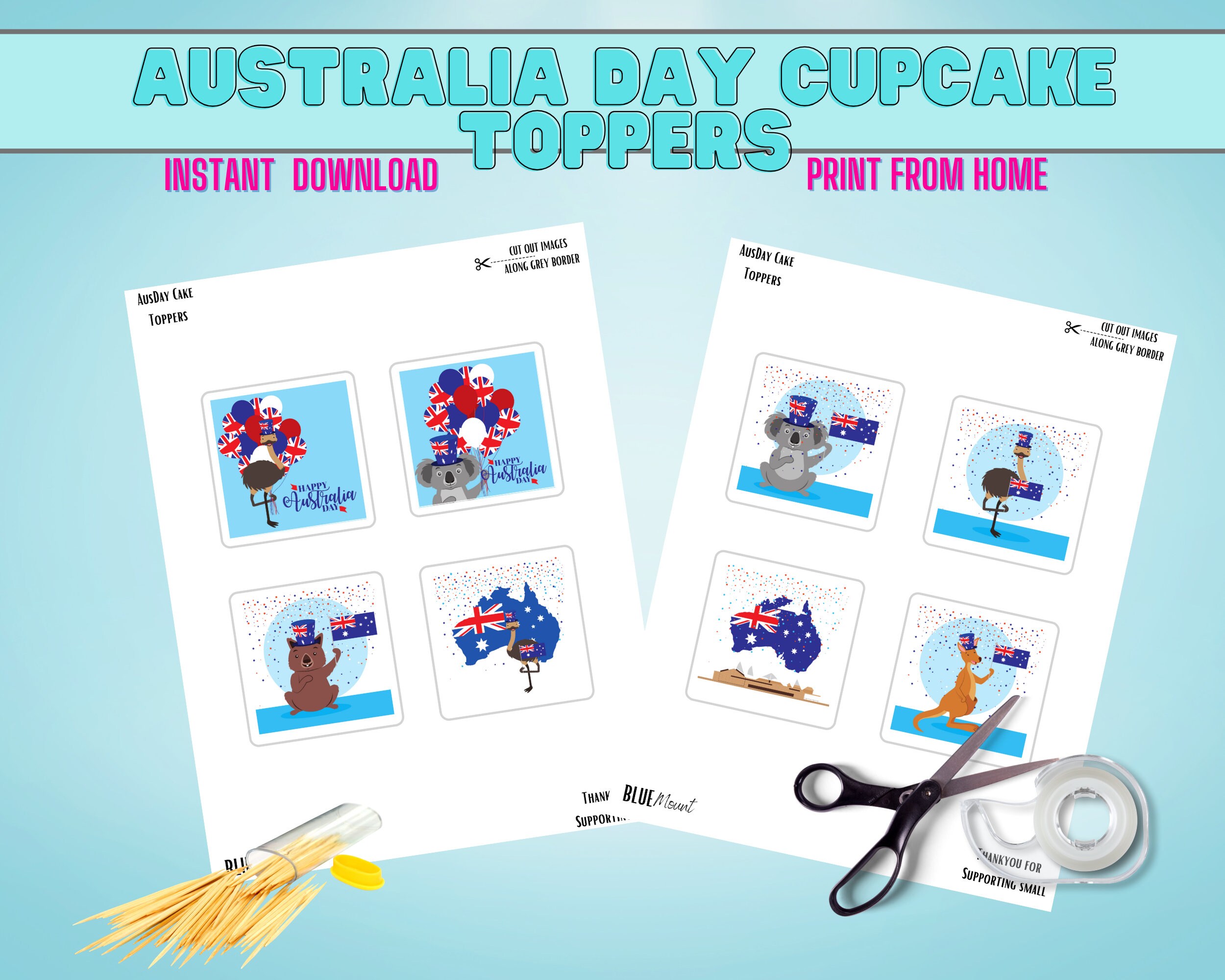 Australia Day Cupcake Toppers, Aus Day Cake Toppers, Australia, Cupcake