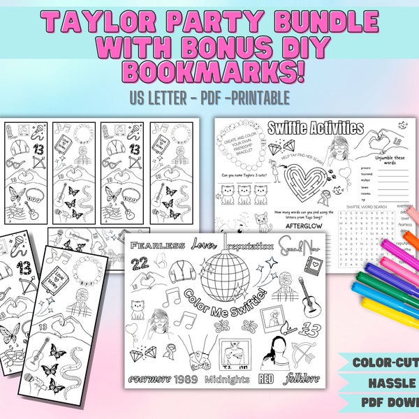 Taylor Party Bundle with DIY Bookmarks! Party printables, PDF Instant Download, Coloring in sheets, Eras Tour printables, Tweens, Teens