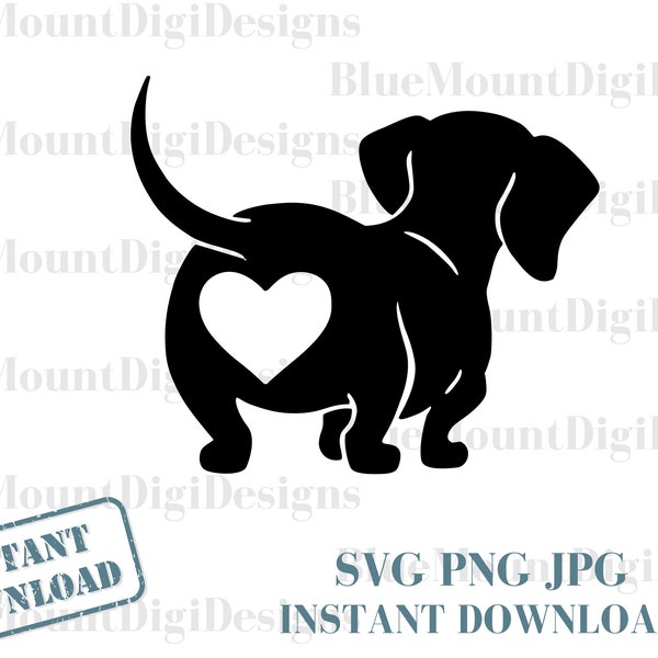 Dachshund Silhouette with Heart SVG + JPG, Dash svg, Dashie, Dashund, Dachsund, Dashound, Sausage Dog svg, little dogs,