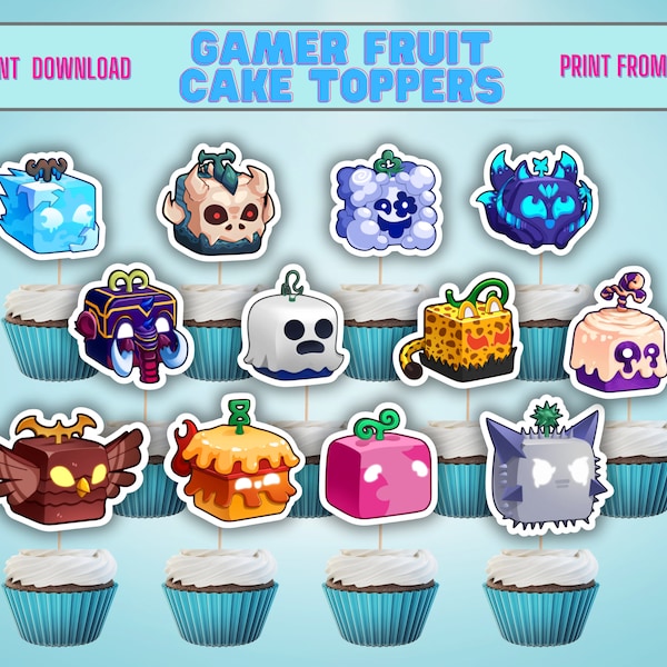 Gamers Cupcake Toppers, Gamer Fruit, Devil Fruit Cake Toppers, Accesorios para fiestas de juegos, Fiesta de juegos para niños, Kids Gamer Cupcake Toppers, Frutas