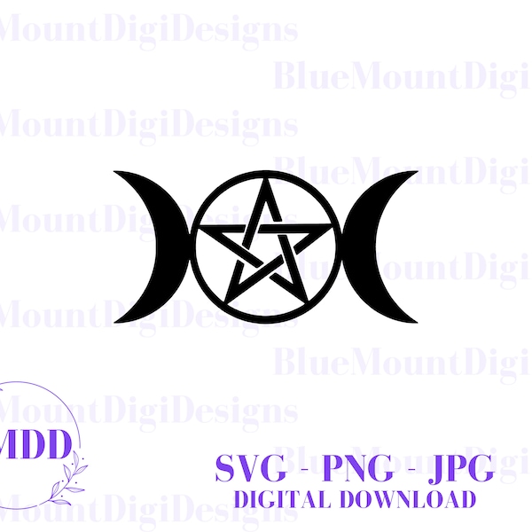Pentagram Triple Moon SVG + PNG + JPG, Moon Phase svg, Moon Svg, Moons, Pentagram, Triple Moon, Witchcraft svgs, Wiccan svg, Wicca,