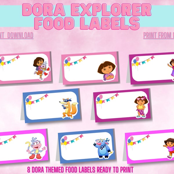 Dora Food Tent Labels, Food Cards for Tweens, Dora Party Props, Dora Props, Name Cards, Tween Party Props, Dora Food Cards, Dora Printables