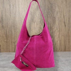 Sac fourre-tout en daim véritable fuchsia, sac souple magenta, sac hobo rose, sac de bureau fuchsia, sac rose pour ordinateur portable