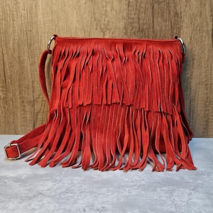 Real Suede Leather Red Tassel Crossbody Bag/ Suede Leather Red Shoulder bag/Red Evening Bag/Red Party bag/Red Fringe Bag/Red Suede Bag