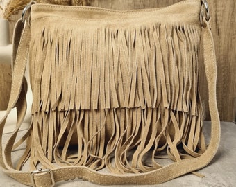 Soft Real Suede Leather Beige Fringe Tassel Crossbody Bag/ Suede Leather Beige Shoulder bag Fringe bags/ Beige Suede Bags Gifts for her