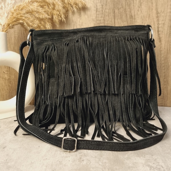 Sac à bandoulière en cuir suédé souple noir à franges/Sac à bandoulière en cuir suédé noir Sacs à franges/Sacs en daim noir Cadeaux pour elle