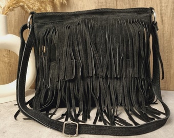 Soft Real Suede Leather Black Fringe Tassel Crossbody Bag/ Suede Leather Black Shoulder bag Fringe bags/ Black Suede Bags Gifts for her