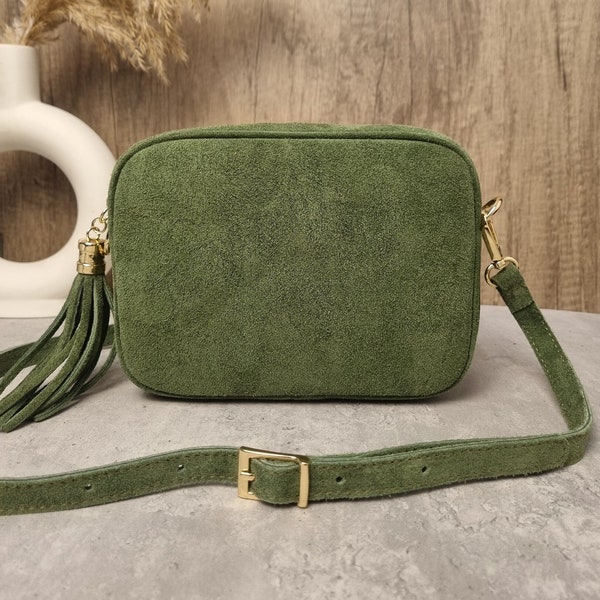 Real Suede Leather Olive Green Tassel Crossbody Bag/ Green Suede Leather Shoulder bag/ Khaki Green Camera Bag Gifts for her