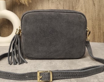 Dark Grey Suede Leather Tassel Crossbody Camera Bag