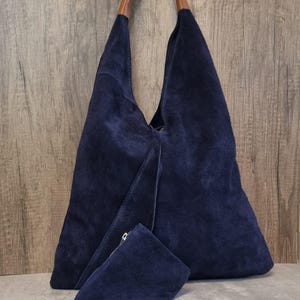 Real Suede Leather Navy Blue Hobo Bag with Zipped Purse