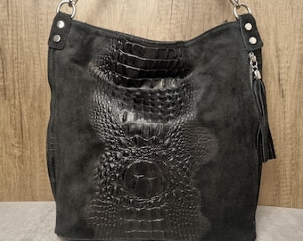 Suede Leather Black Hobo Bag: Tassel Slouch Bag with Crossbody Strap