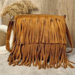 Soft Real Suede Leather Brown Fringe Tassel Crossbody Bag/ Suede Leather Tan Shoulder bag Fringe bags/ Brown Suede Bags Gifts for her