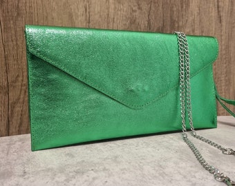 Metallic Real Leather Green Envelope Clutch bag/Green Evening bag/ Green Party Bag/Green Wedding Wristlet Strap bag/Green shoulder bag