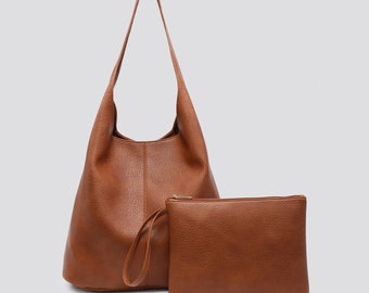 Brown Vegan Leather Bag Dark Tan Tote bag Brown Slouch Bag Hobo Handbag Vegan Leather Shoulder bag with Clutch Bag Gifts for her