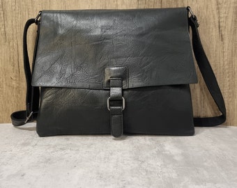 Large Vegan Leather Black Satchel Bag, Black Crossbody bag, Black Shoulder bag, Black Unisex bag, Bags For Men Gifts for her Gifts for him