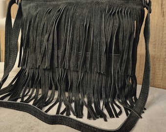 Suede Leather Black Fringe Tassel Crossbody Bag - Etsy