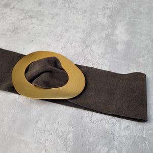 Real Suede Chocolate Brown Obi Belt: Gold Buckle Dress Belt image 3
