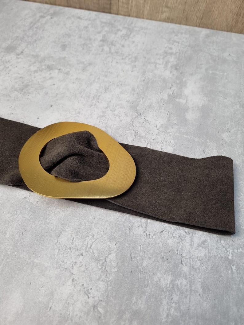 Real Suede Chocolate Brown Obi Belt: Gold Buckle Dress Belt image 3