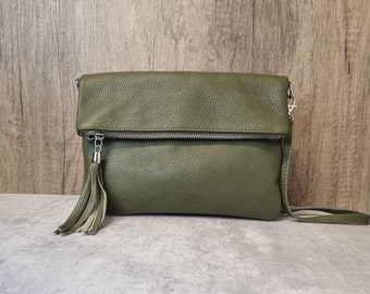 Real Leather Olive green Tassel Crossbody Bag/ Suede Leather Khaki Shoulder bag/Olive Evening Bag/Dark Green Purse Gifts for her