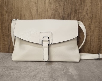 White Vegan Leather Crossbody Bag: Flap Satchel with Adjustable Strap