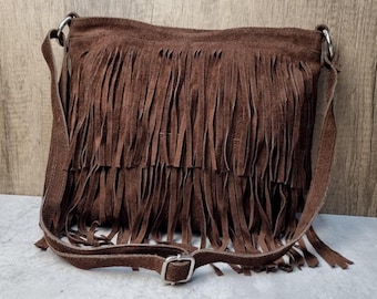 Bolso bandolera de ante color chocolate con flecos, bolso de hombro bohemio