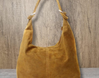 Borsa hobo in vera pelle scamosciata: borsa a tracolla morbida con cerniera