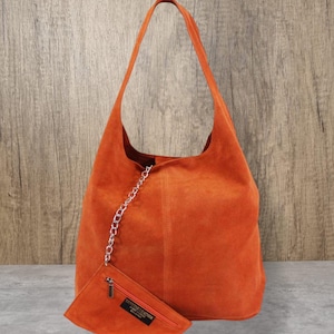Orange Real Suede Leather Tote bag, Orange Slouch Bag, Orange Hobo Handbag, Orange Summer Bag, Office Bag, Orange Laptop Shoulder bag